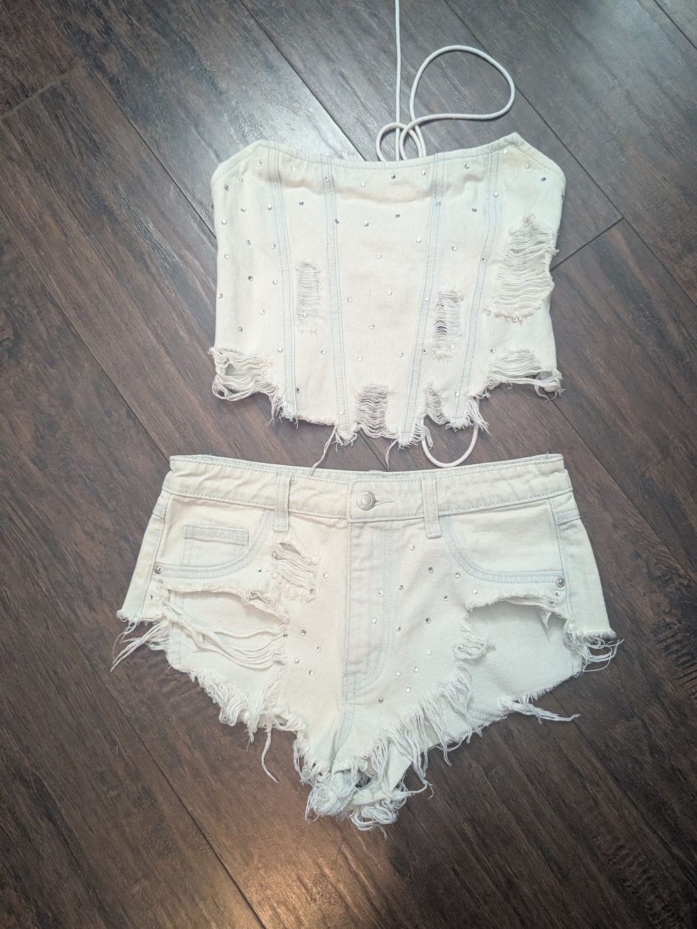 PrettyLittleThing Ivory Distressed Rhinestone Denim Shorts & Top Set